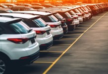 Cars parked in row on parking lot at sunset