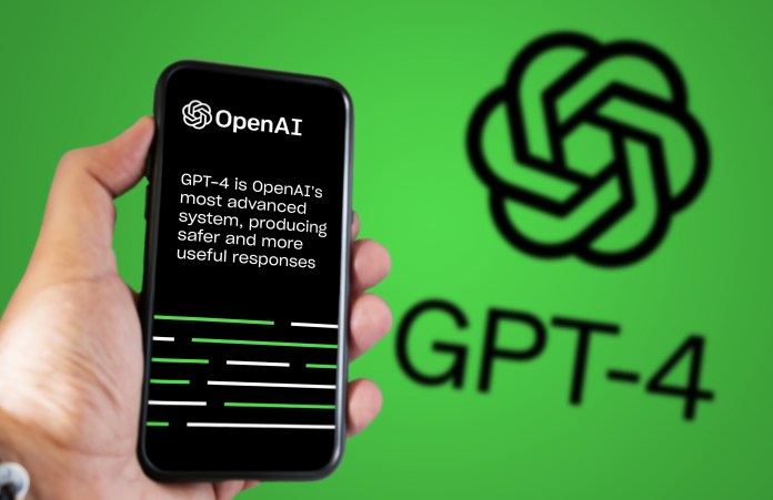 Hand holding a phone with the OpenAI GPT-4 website on the screen