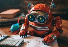 A red robot sitting on top of a desk next to a keyboard. Generative AI image.